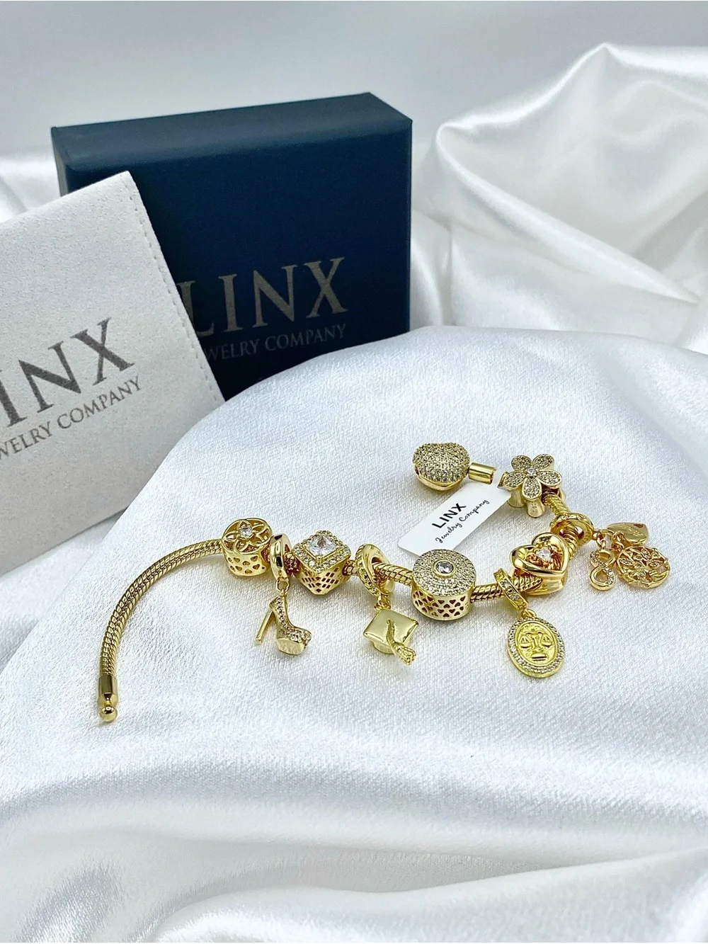Linx Yellow Gold Snake Chain Charm Bracelet with Lawyer Themed Charms
